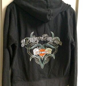 Harley Davidson black hooded with zip front. Size M embroidered stitching.